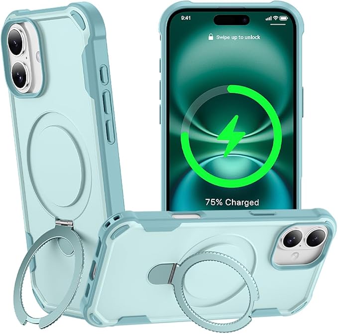 Designed for iPhone 16 Plus Case with Magnetic Stand [Military Drop Protection][Compatible with Magnet] Shockproof 16 Plus Phone Case with Ring Holder, Green