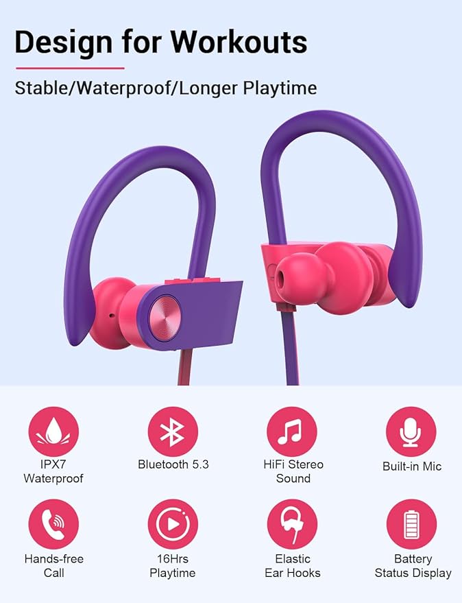 Stiive Bluetooth Headphones, 5.3 Wireless Sports Earbuds IPX7 Waterproof with Mic, Stereo Sweatproof in-Ear Earphones, Noise Cancelling Headsets for Gym Running Workout, 16 Hours Playtime - RedPurple