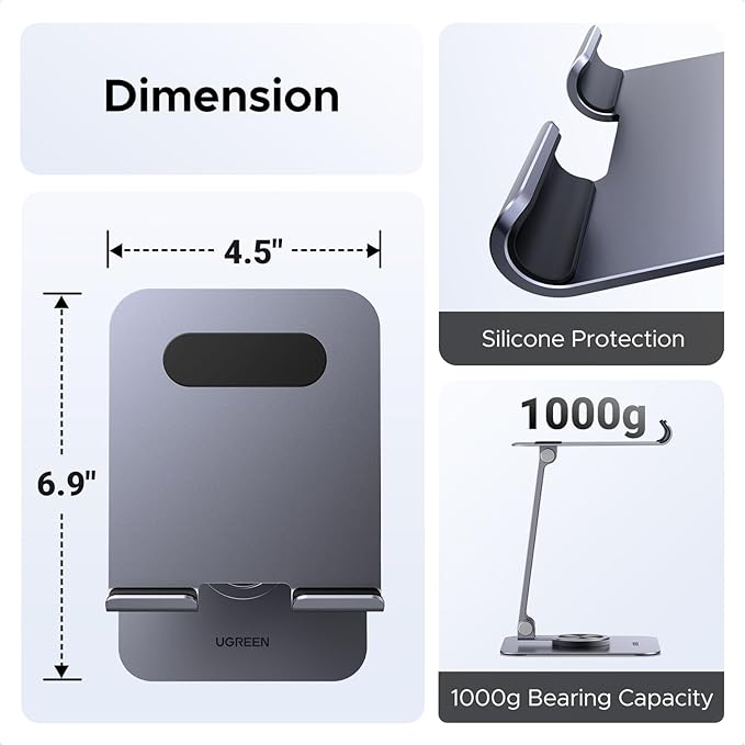 UGREEN Tablet Stand Holder for Desk 360° Rotating Base Aluminum Tablet Holder Adjustable Multi-Angle Home Office Accessories Compatible with iPad Pro Air Mini 13 12.9 11 Inch