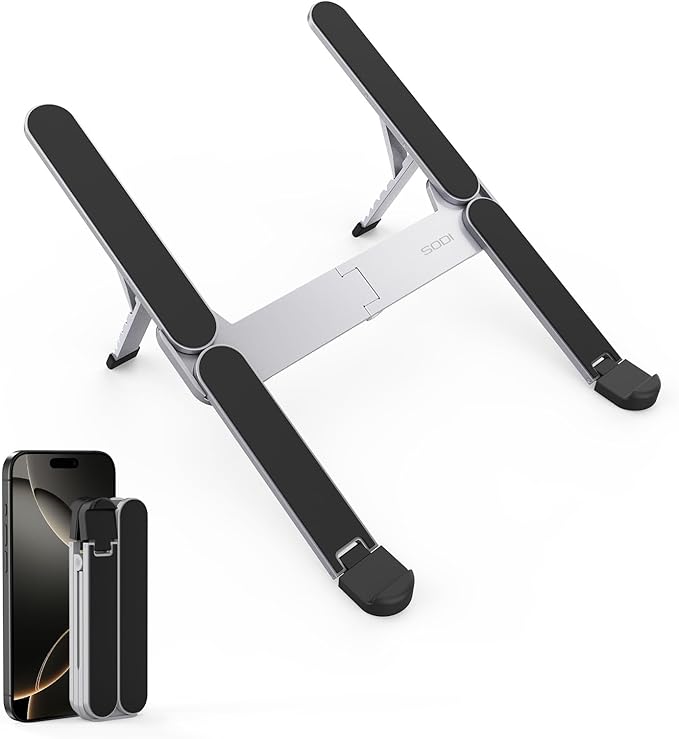 【Innovative & Ultra Compact】SODI Foldable Laptop Stand for Desk, Lightweight Portable Tablet Holder for Business Travel, Cafe, 6 Level Height Adjust Computer Holder for MacBook, Tablet 10-16", Silver