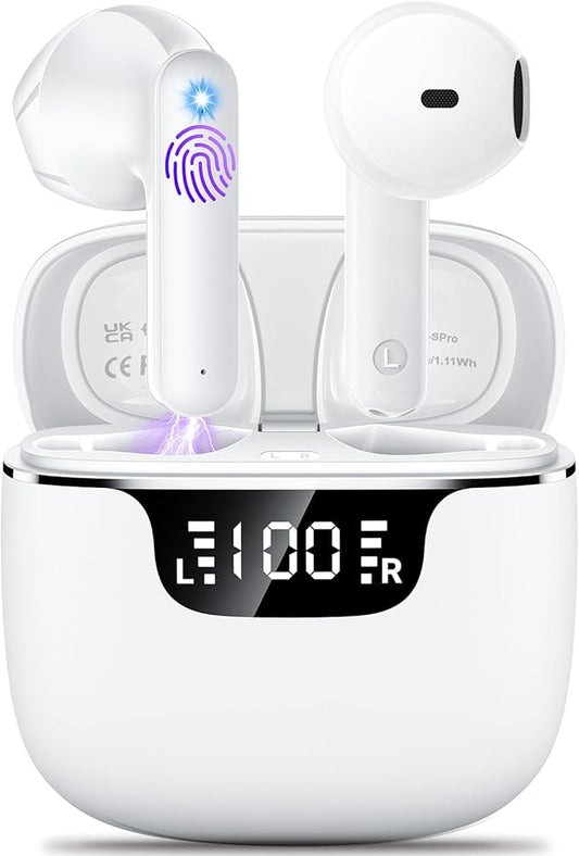 Wireless Earbuds, Bluetooth 5.4 Headphones with 42H Ultralight Ear Buds,Bluetooth Earbuds with 4 ENC Noise Cancelling Mics, HiFi Deep Bass Dual LED Display USB-C, Waterproof Earphones for Android iOS