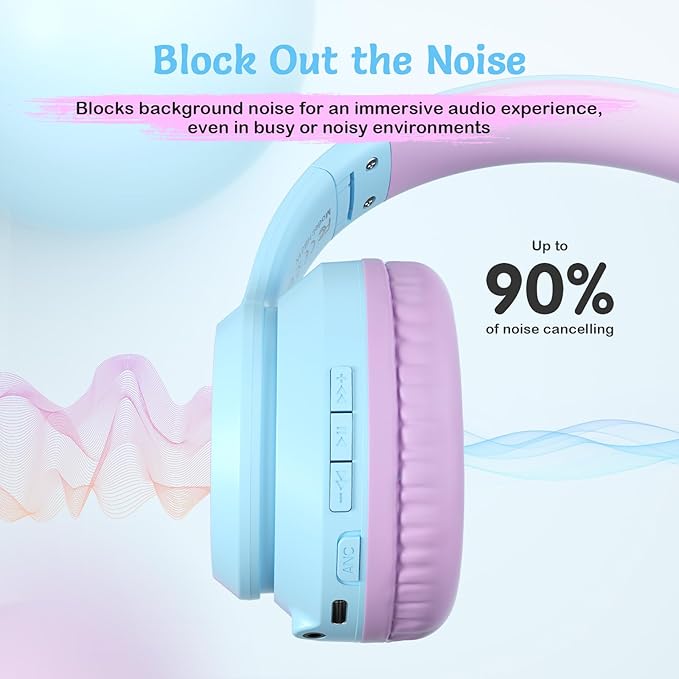 Active Noise Cancelling Headphones for Kids, 60H Playtime,Purple Wireless Bluetooth Over-Ear Headset Built-in Microphone for Home/School/Travel/Party - Includes Portable Case