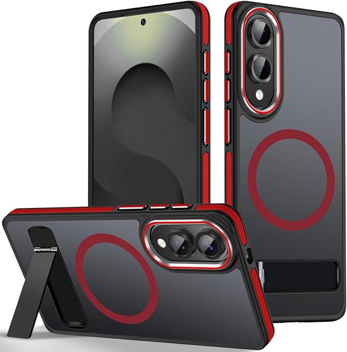 for Samsung Galaxy S25 Edge Case, Non-Slip Phone Case with Invisible Kickstand [Fits for Magsafe], Ultra Slim Translucent Cover for Galaxy S25 Edge, Mil-Grade Drop Protection (Black/Red)