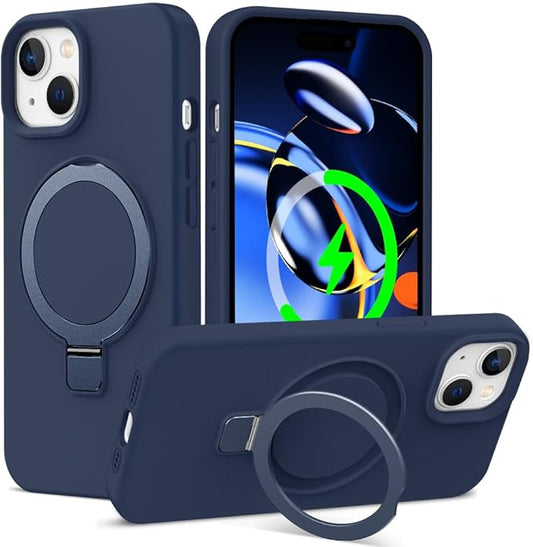 ZHK Liquid Silicone Designed for iPhone 15 Case with Magnet Stand, [Mil-Grade Drop Shockproof][Soft Anti-Scratch Microfiber Lining] Slim Fit Cover, Navy Blue