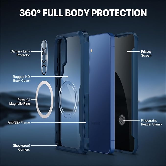 CENHUFO Magnetic Privacy for Samsung Galaxy S25 Case, Full Body Phone Case with Built-in 9H Tempered Glass Privacy Screen Protector and Camera Lens Cover, Shockproof Protective Clear Bumper -Blue