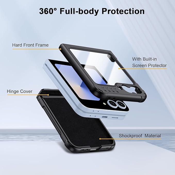 Military-Grade Protection ZFlip 6 / ZFlip 7 FE Case for Samsung Galaxy Z Flip 6 & Flip 7 FE: Shockproof TPU Frame, Hinge Protection, Glass Screen Protector, Anti-Slip Rugged Phone Cover (Black)
