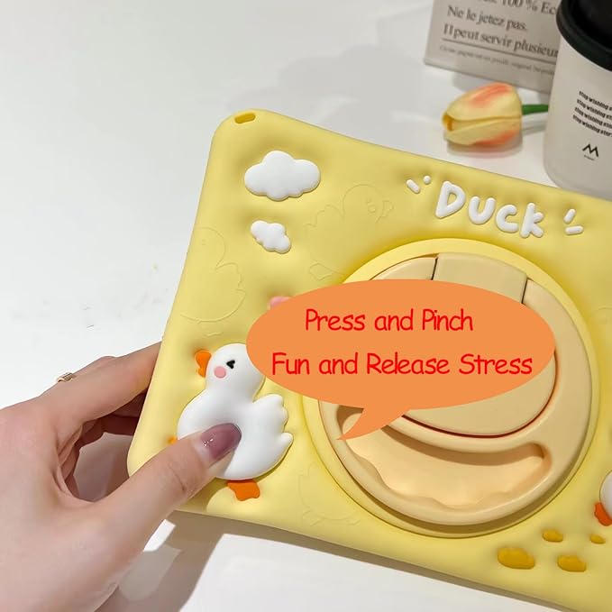 3D Cute Press Duck Case for Samsung Galaxy Tab A7 Lite 2021 8.7 inch SM-T220/T225/T227,Kawaii Cartoon Character Duck Soft Silicone Rotating Stand Case with Lanyard for Kids Teens Girls Women