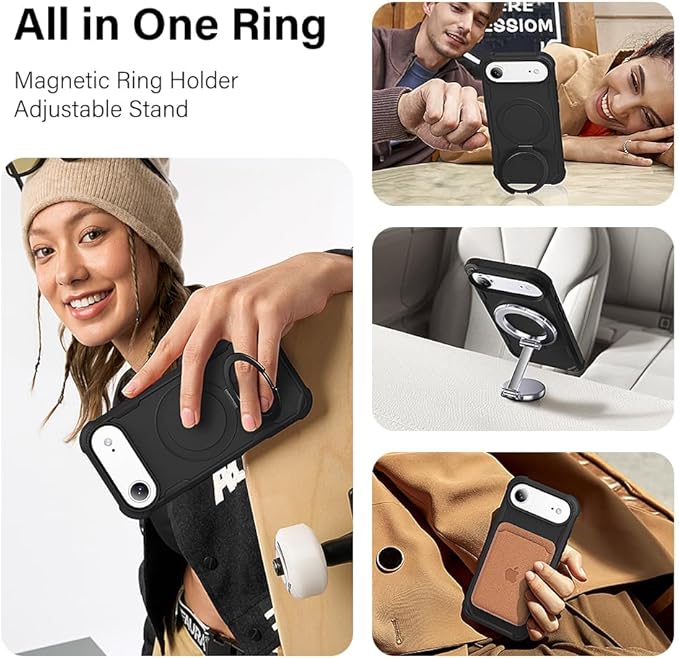 Designed for iPhone 17 Air Case with Magnetic Stand [Military Drop Protection][Compatible with Magnet] Shockproof 17 Air Phone Case with Ring Holder, Black