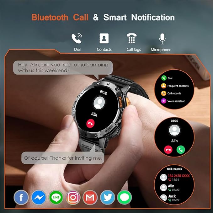 1.43" Amoled Ultra Military Smart Watch for Men(Answer/Dial Calls) 100+Sports Modes,5ATM Waterproof 530mAh Large Battery Super Long Standby with LED Flashlight,Heart Rate,SpO2,BP Android iOS