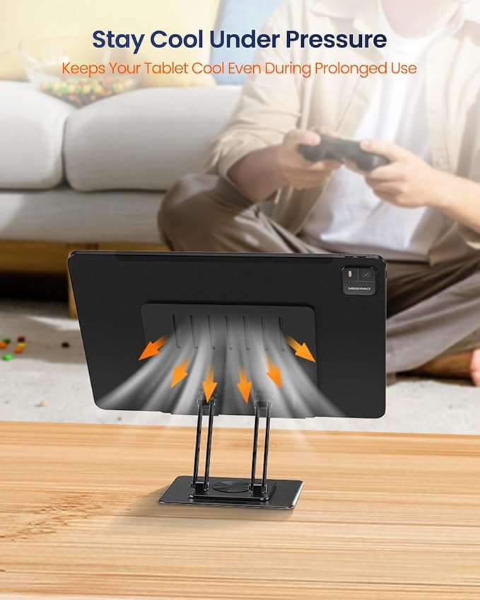 Tablet Stand Holder for Desk with 360° Rotating Base, Dual Rod Adjustable & Foldable Aluminum Stand for Home Office Compatible with 11’’-16’’ Tablets, Black