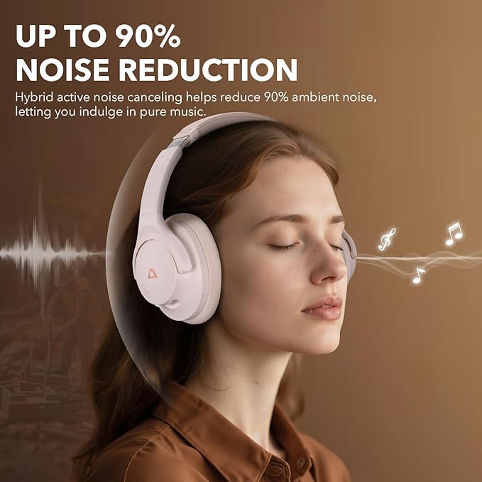 1Mii Y8+ Noise Cancelling Headphones Bluetooth, Wireless LDAC Hi-Res Audio, Custom EQ via App, 75H Playtime, Comfort Fit, Over Ear Headphones Foldable for Airplane Travel Home Office Cream White