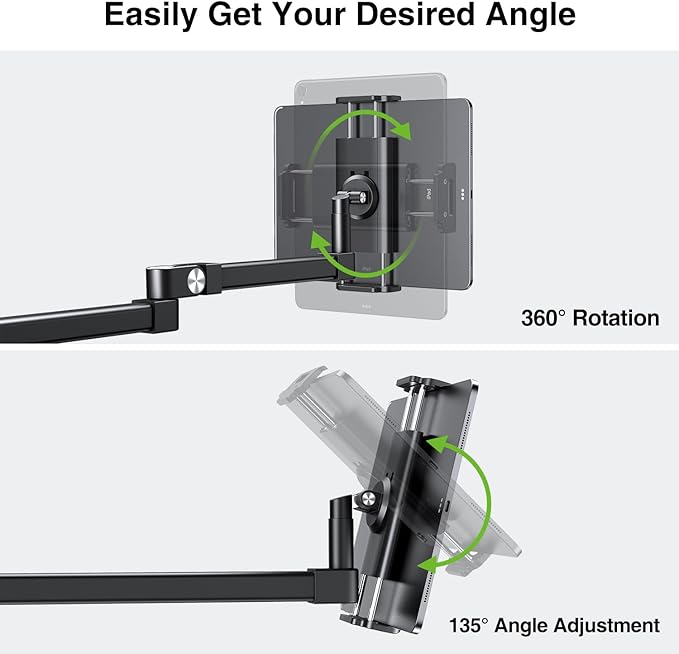 elitehood 28in Long Arm iPad Desk Mount, Heavy Duty Aluminum Tablet Arm Mount for Desk Bed Sofa, Compatible with iPad Pro 13/12.9 Air Mini, iPhone, Portable Monitor and 4.7-13in Tablets