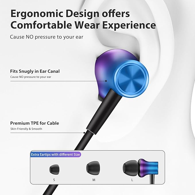 Jiunai 3.5mm Wired Earbuds Headphones School in Ear Built-in Mic Track Control Magnetic Noise Isolated Stereo S M L Ear Tips Tangle Free Earphone for iPhone iPad Android Tablet Travel Gradient Purple