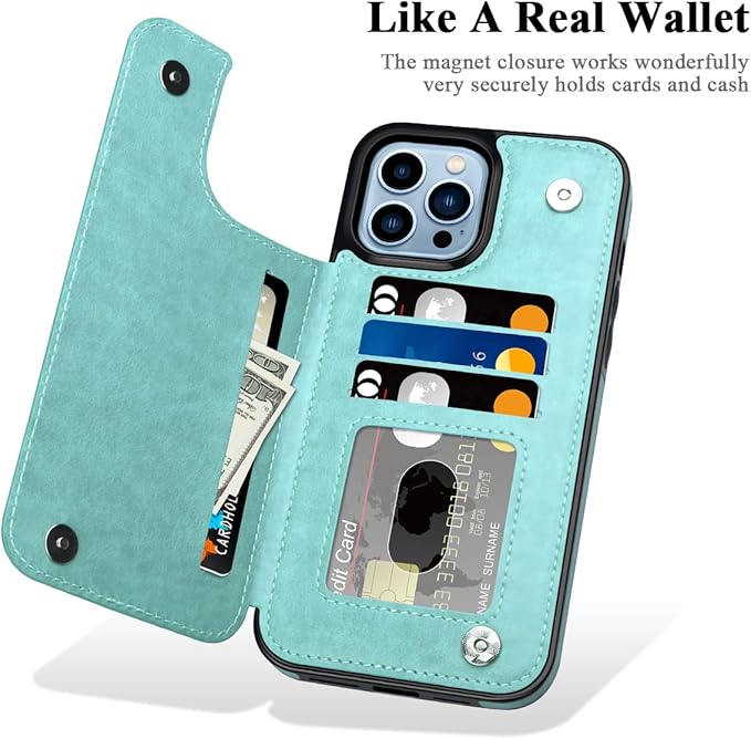 MMHUO for iPhone 14 Pro Max Case with Card Holder,Flower Magnetic Buttons Protective Wallet Case for Women for iPhone 14 Pro Max,Mint