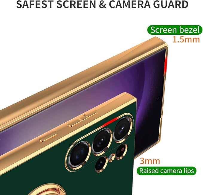 Dinick Green for Samsung Galaxy S24 Ultra Case with Ring Holder Kickstand [with Magnetic] Soft TPU Bumper, Glitter Gold Electroplated Cover Slim Thin Protective Phone Case for Galaxy S24 Ultra