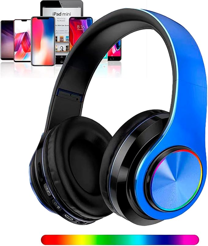 Wireless Bluetooth Headphones with Colorful LED Lights, Built-in Mic, Light Weight, Foldable, Wired HiFi Stereo Headphones for Classroom/Home Office/PC/Mobile Phone/Kids Adult (Blue)