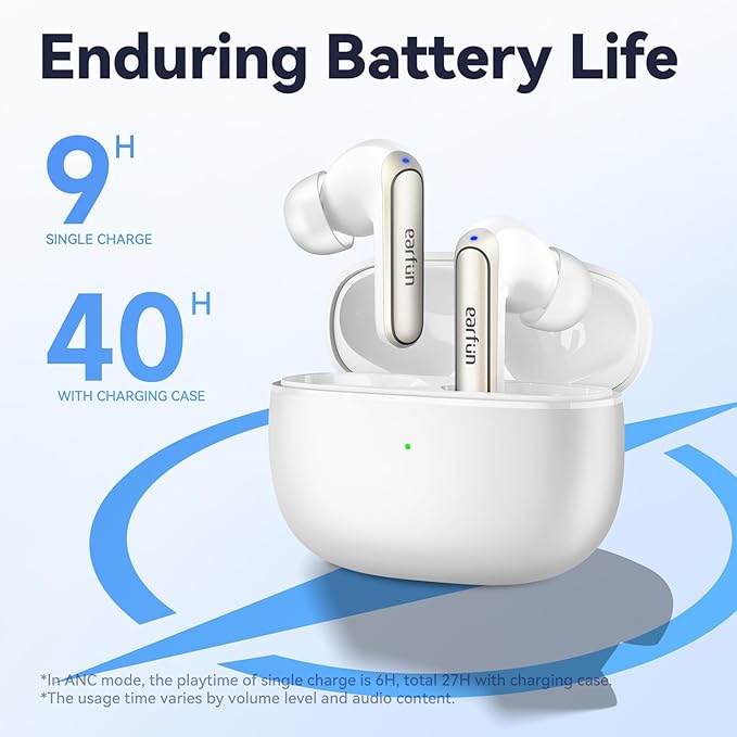 EarFun Air 2 NC Wireless Earbuds, Adaptive Hybrid Noise Cancelling Earbuds, 6 Mics AI ENC Call, Hi-Res Sound, 40H Playtime, Bluetooth 5.3, LDAC, Multipoint Connection, Wireless Charge, White