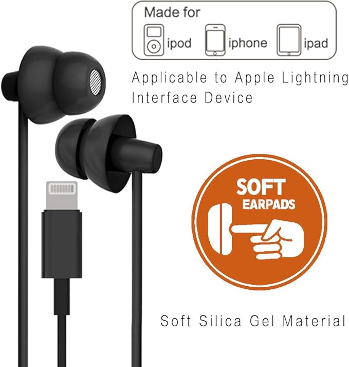 MAXROCK iPhone 13/14 Earphones Wired in Ear Sleep Lightning Earbuds (Apple MFi Certified) Sleep Headphones with Microphone/Remote for iPhone 12/11/Pro Max/Xr/Xs Max/X/8/7 - Black