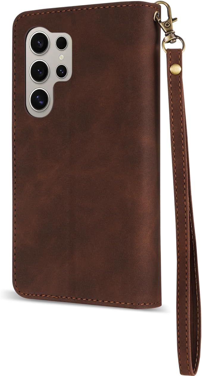 ZZXX for Samsung Galaxy S24 Ultra Wallet Case with RFID Blocking Card Slot PU Leather Zipper Flip Folio with Strap Kickstand Protective Cover for Samsung Galaxy S24 Ultra Case Wallet(Coffee-6.8 inch)