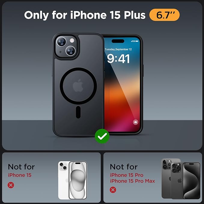 Miracase Magnetic for iPhone 15 Plus Case 6.7 inch (Compatible with MagSafe)（with 2X Screen Protectors） Military-Grade Protection, Anti-Fingerprint Translucent Matte Phone Cover, Black