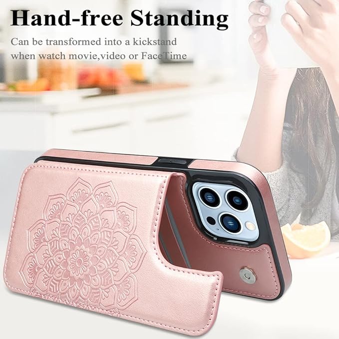 MMHUO for iPhone 15 Pro Max Case with Card Holder,Flower Magnetic Buttons Protective Wallet Case for Women for iPhone 15 Pro Max,Rose Gold