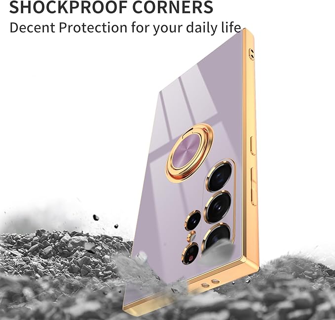 Dinick Purple for Samsung Galaxy S24 Ultra Case with Ring Holder Kickstand [with Magnetic] Soft TPU Bumper, Glitter Gold Electroplated Cover Slim Thin Protective Phone Case for Galaxy S24 Ultra