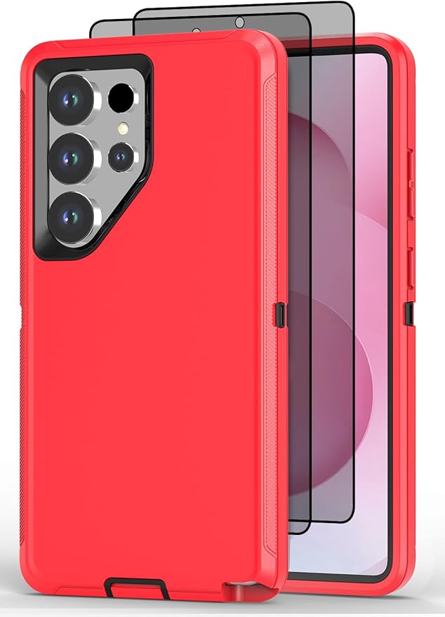 Designed for Samsung Galaxy S24 Ultra Case [with Privacy Screen Protector] 3-Layer Full Body Protection Rugged Shockproof Heavy Duty Phone Case Cover, Red/Black