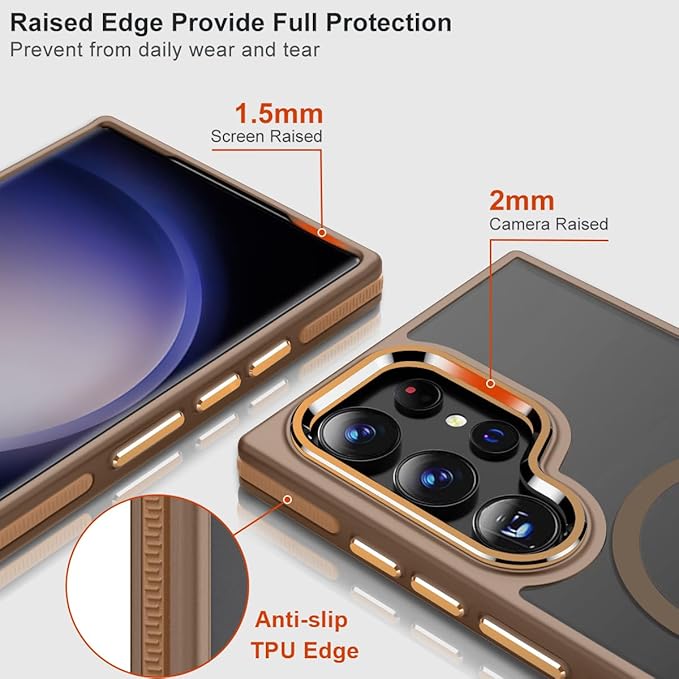 Case for Samsung Galaxy S24 Ultra, Compatible with Magsafe, [Invisible & Adjustable Stand] for Matte Translucent Cover, Anti-Slip Shockproof Slim Phone Case for Galaxy S24 Ultra (Brown)