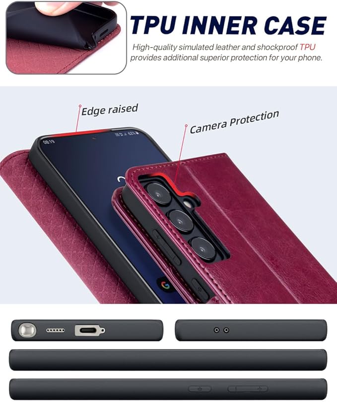 OCASE Compatible with Galaxy S24 5G Wallet Case, PU Leather Flip Folio Case with Card Holders RFID Blocking Kickstand [Shockproof TPU Inner Shell] Phone Cover (2024), Burgundy