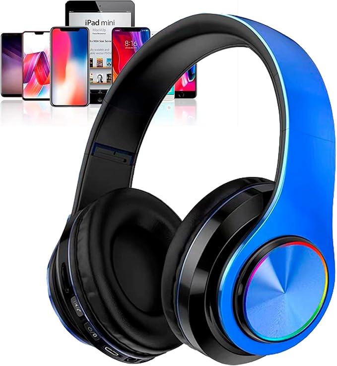 Kids Bluetooth Over Ear Headphones, Colorful LED Lights Headphones with Built-in Mic, Bluetooth 5.0, Wired and Wireless Foldable Stereo Headphones for Classroom/Home Office/Tablet/Airplane(Blue)