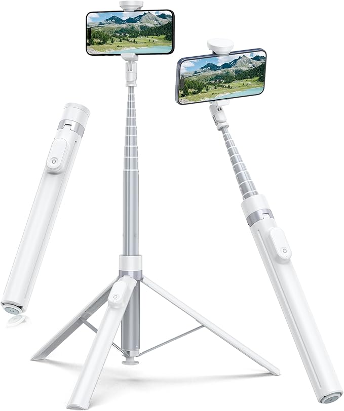 TONEOF 66" Automatic Phone Tripod with Magnetic Rechargable Remote,Selfie Stick 360° Vertical & Horizontal Rotatable,Stable for iPhone/Android(White)