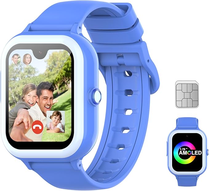 Wonlex 4G GPS Kids Smartwatch with SIM Card, 1.78" AMOLED Large Touch Screen Smart Watch for Kids, Boys Girls Phone Watch with Video Voice Calls, SOS, Camera, Pedometer, Alarm, Game(Blue)
