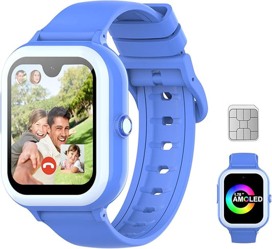Wonlex 4G GPS Kids Smartwatch with SIM Card, 1.78" AMOLED Large Touch Screen Smart Watch for Kids, Boys Girls Phone Watch with Video Voice Calls, SOS, Camera, Pedometer, Alarm, Game(Blue)