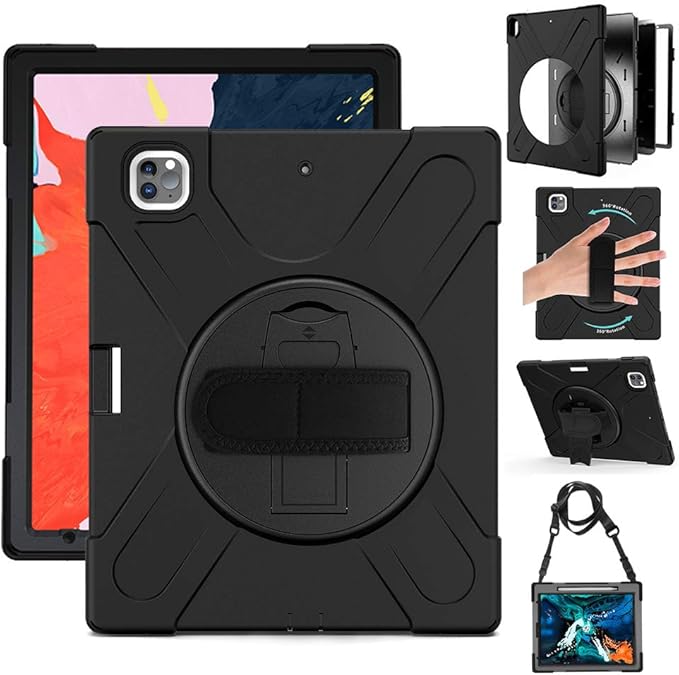 DreamerX for iPad Air 13 Inch (2025/2024) M3/M2 iPad Pro 12.9 6th 5th 4th 3rd Gen Case with 360° Rotating Stand Hand Strap Shoulder Strap, Heavy Duty Rugged Kids Cover for iPad Air 13 Pro 12.9", Black