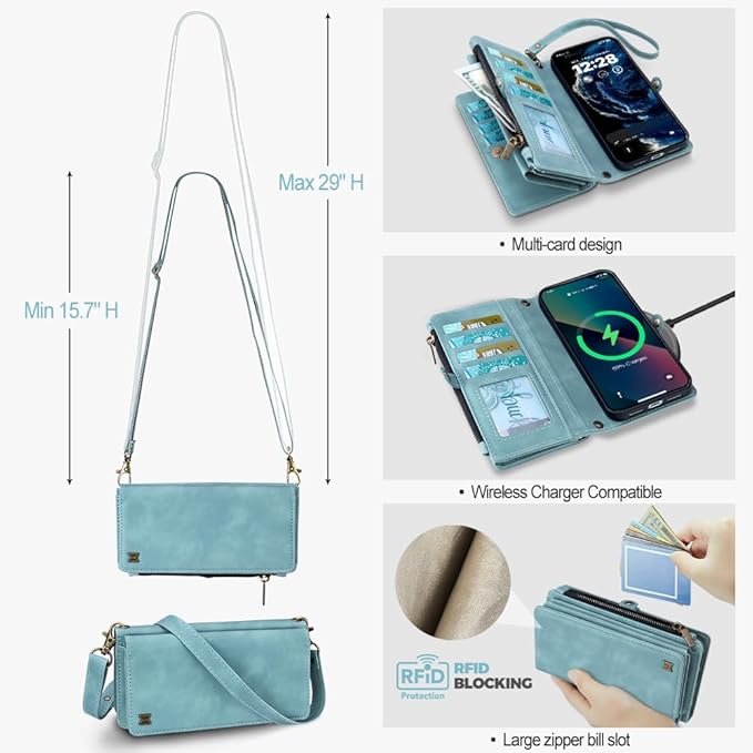 for iPhone 17 Pro Max Wallet Phone Case with 8 Card Holder,RFID Blocking | PU Leather | Kickstand | Flip | Wrist Strap&Shoulder Strap | Shockproof | Zipper Wallet | Women Men | 6.9" | Baby Blue