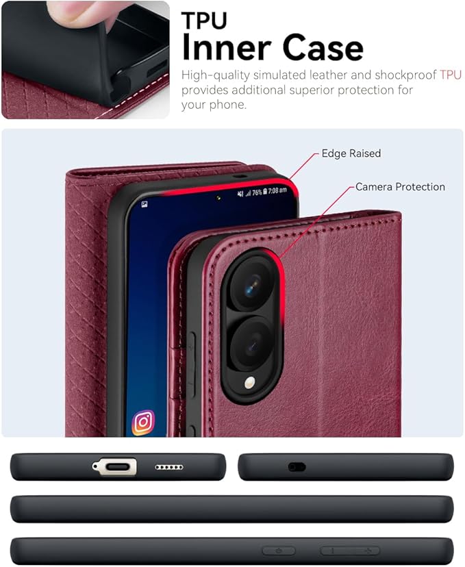 OCASE Compatible with Galaxy S25 Edge Wallet Case, PU Leather Flip Folio Case with Card Holders RFID Blocking Kickstand [Shockproof TPU Inner Shell] Protective Phone Cover 2025, Burgundy