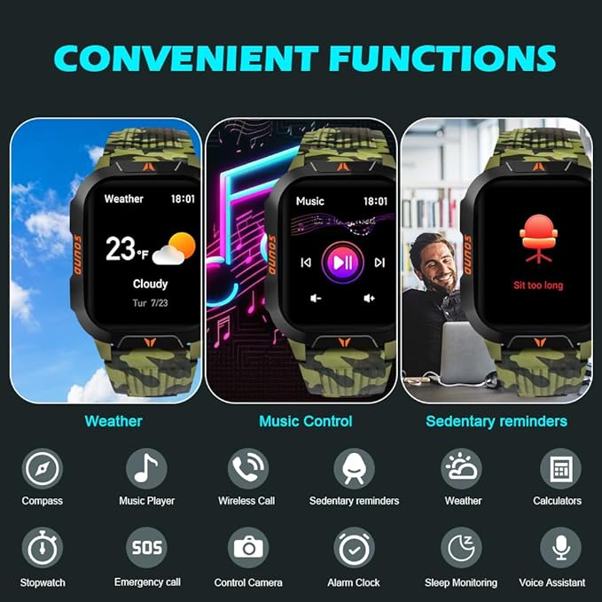 QTLLBT Men's Military Smart Watch HD LED Altimeter Barometer Fitness Tracker Sports Watch with Heart Rate SpO2 Pressure Sleep Monitoring Function Men Women Watch
