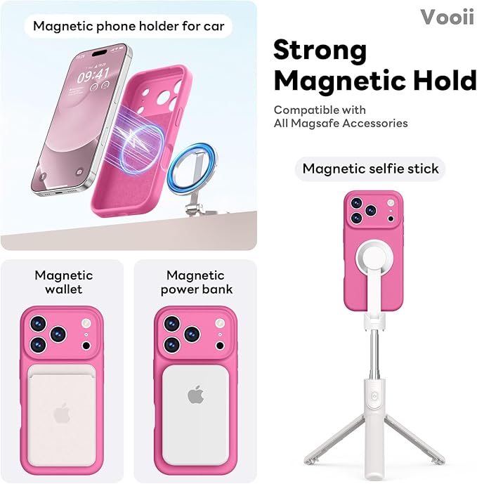 Vooii Magnetic Compatible with iPhone 17 Pro Case (Compatible with Magsafe) (Upgraded Camera Protection) Liquid Silicone Shockproof Full Body Protective Phone Cover for Women Men, Pitaya, 6.3”