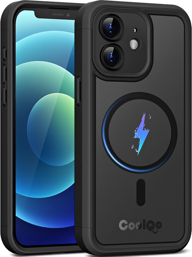 COOLQO Magnetic for iPhone 12 Case, Compatible with MagSafe, Dual Layer Design Military Grade Protection, Translucent Matte Scratch-Resistant Back Protective Shockproof Phone Case, Black