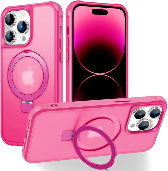 Magnetic Compatible with iPhone 14 Pro Case with Stand [Military Grade Drop Tested][Compatible with Magnet] Ring Translucent Slim Hard Back Soft Edge, Rose Red