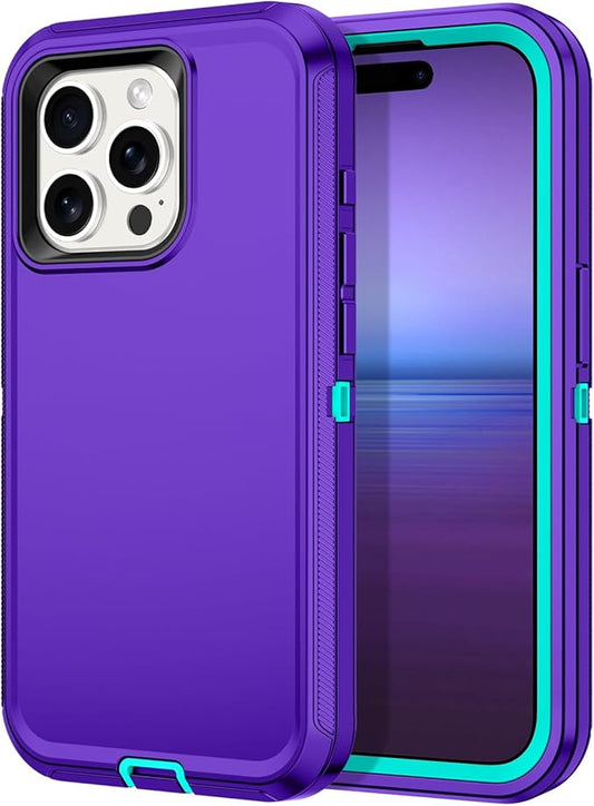 for iPhone 15 Pro Case Shockproof Dust/Drop Proof 3-Layer Full Body Protection [Without Screen Protector] Rugged Heavy Duty Cover Case for Apple iPhone 15 Pro 6.1" 2023,Purple/Green