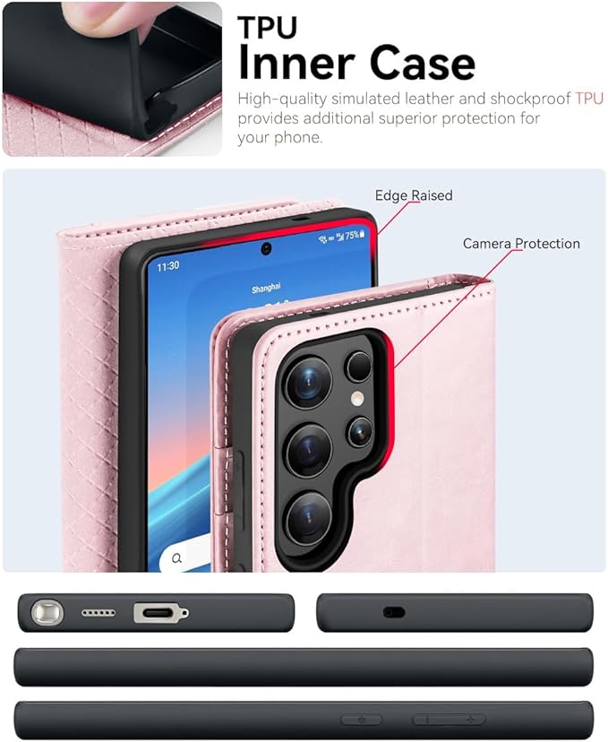 OCASE Compatible with Galaxy S25 Ultra Wallet Case, PU Leather Flip Folio Case with Card Holders RFID Blocking Kickstand [Shockproof TPU Inner Shell] Protective Phone Cover 2025, Pink