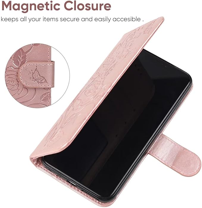 for iPhone 13 Case, iPhone 14 Wallet Case with Tempered Glass Screen Protector, Flower Leather Flip Protective Case Credit Card Holder Stand Phone Cover for iPhone 14 Rose Gold