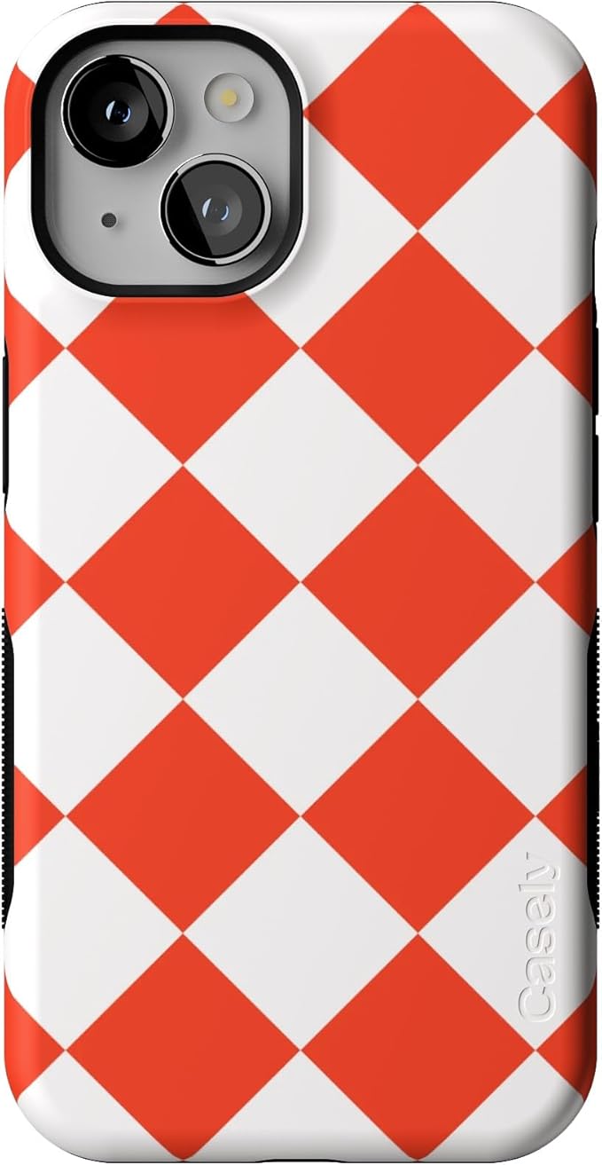 Casely iPhone 14 Case | Red Checkerboard | High Contrast Design | Compatible with MagSafe | Bold Protective Design