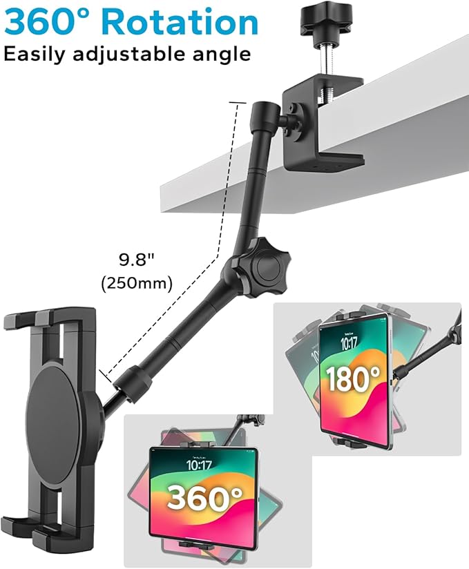 16" Tablet Stand Holder for Desk, Under Cabinet, Shelf, Bed, [Metal Arm] 360° Adjustable Tablet Holder Clamp Compatible with iPad Pro/Air/Mini, Kindles, Fire HD, Galaxy Tabs and All 4.7-16" Tablets
