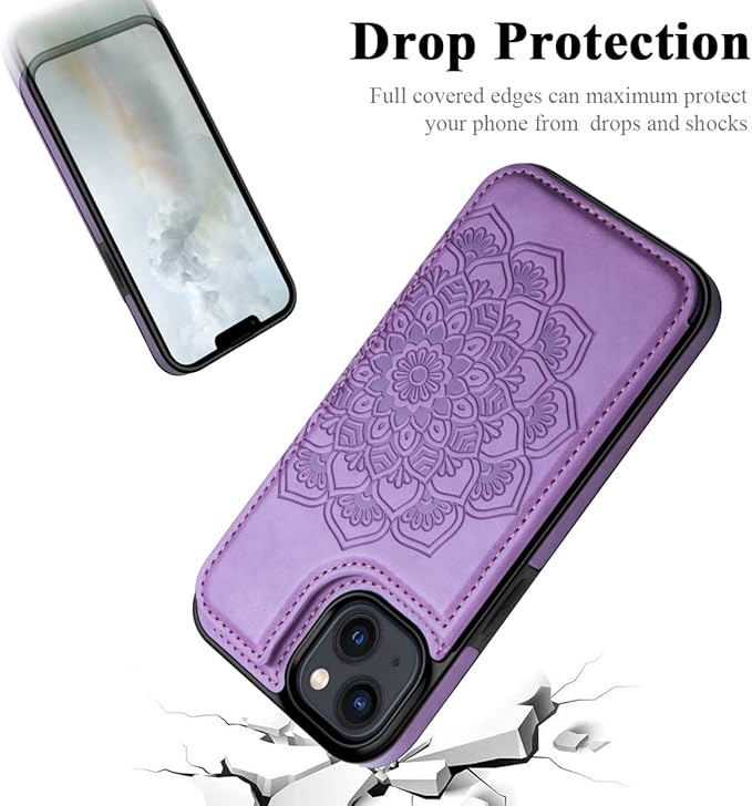 MMHUO for iPhone 14 Plus Case with Card Holder,Flower Magnetic Buttons Protective Wallet Case for Women for iPhone 14 Plus,Purple