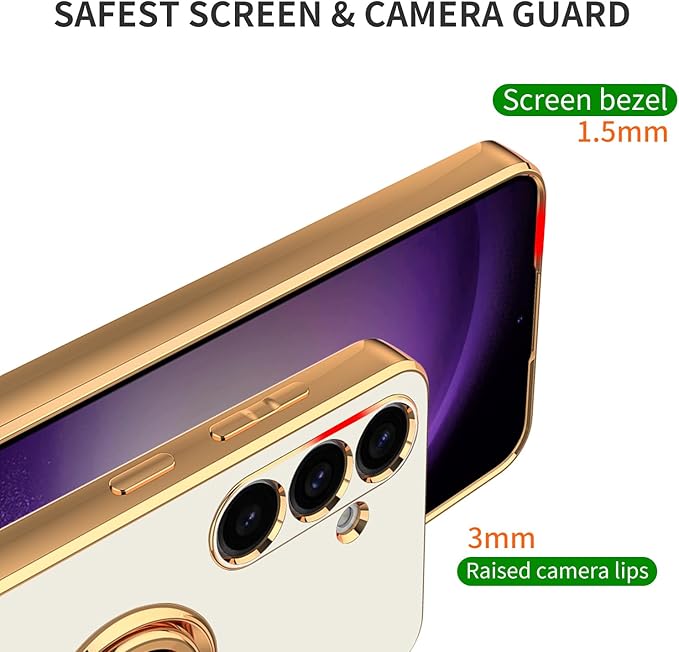 Dinick White for Samsung Galaxy S24 Case with Ring Holder Kickstand [with Magnetic] Soft TPU Bumper, Glitter Gold Electroplated Cover Slim Thin Protective Phone Case for Galaxy S24