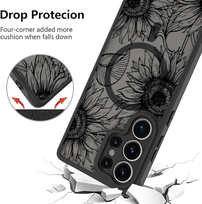 Fiyart Designed for Samsung Galaxy S25 Ultra Case Matte Flowers Design Compatible with MagSafe,Cute Sunflowers Anti-Scratch Translucent Phone Cover for Women Girls 6.8"-Black