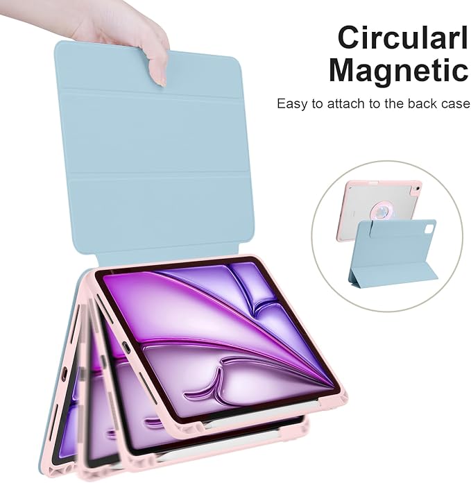 Case for iPad Air 13 Inch M3/M2 2025/2024, iPad Pro 12.9 Inch 6th/5th Generation 2022/2021 with Pencil Holder,Vertical Stand,Detachable Magnetic Trifold Stand Case,Auto Wake/Sleep,Ice Blue+Pink