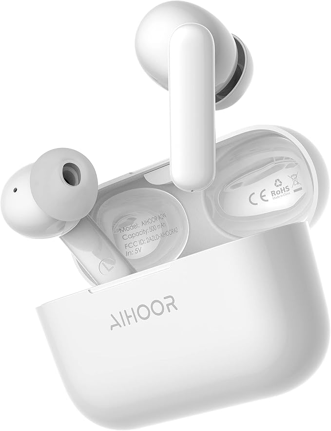 AIHOOR Wireless Earbuds for Music and Sports, Bluetooth 5.3 in-Ear Headphones with Extra Bass, Built-in Mic, Touch Control, USB Charging Case, 30hr Battery Earphones (High Gloss White)
